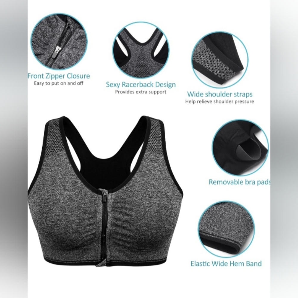 Front-Zip Grey Racerback Sports Bra with Wide Straps